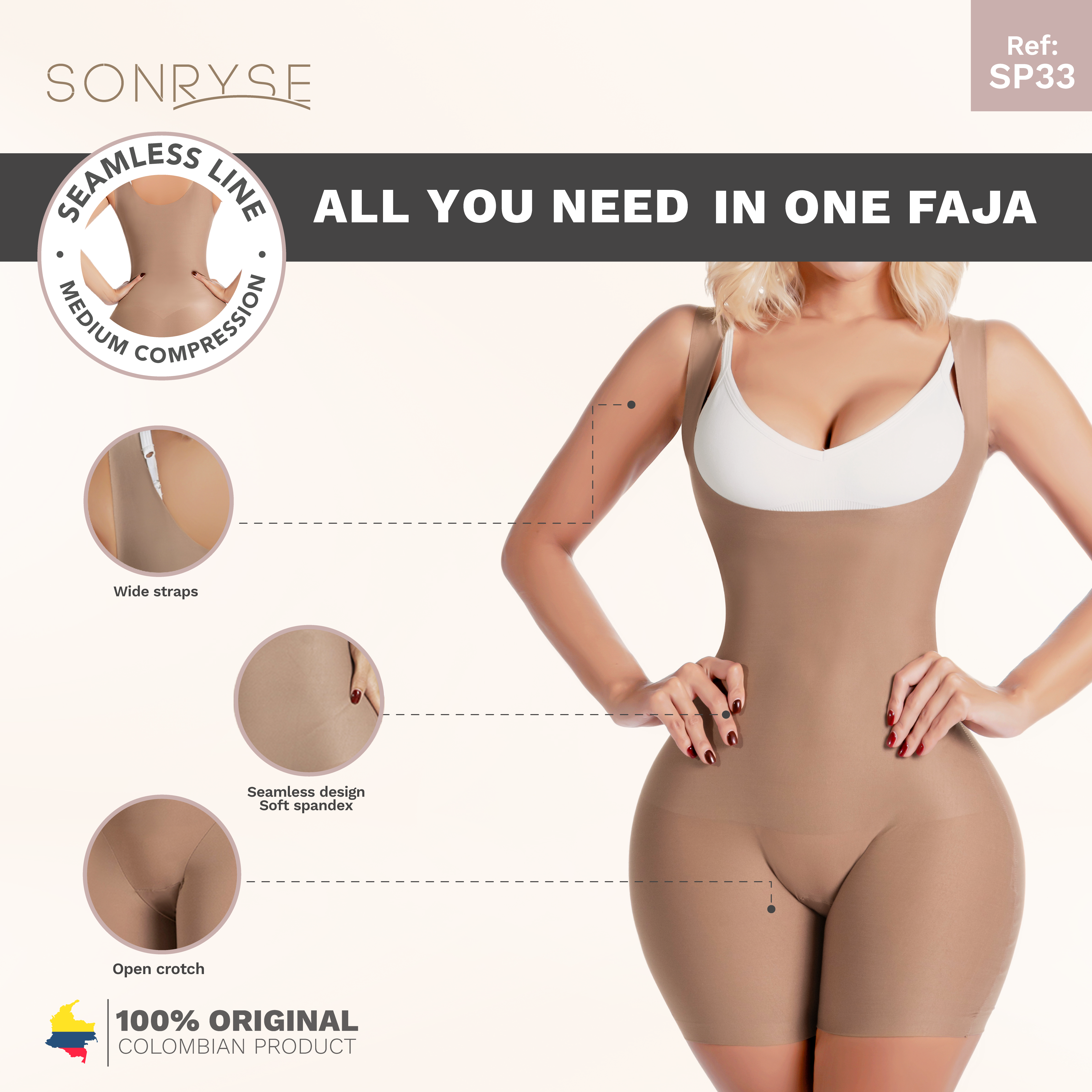 Sonryse SP33NC, Colombian Faja Bodysuit Shaper for Women