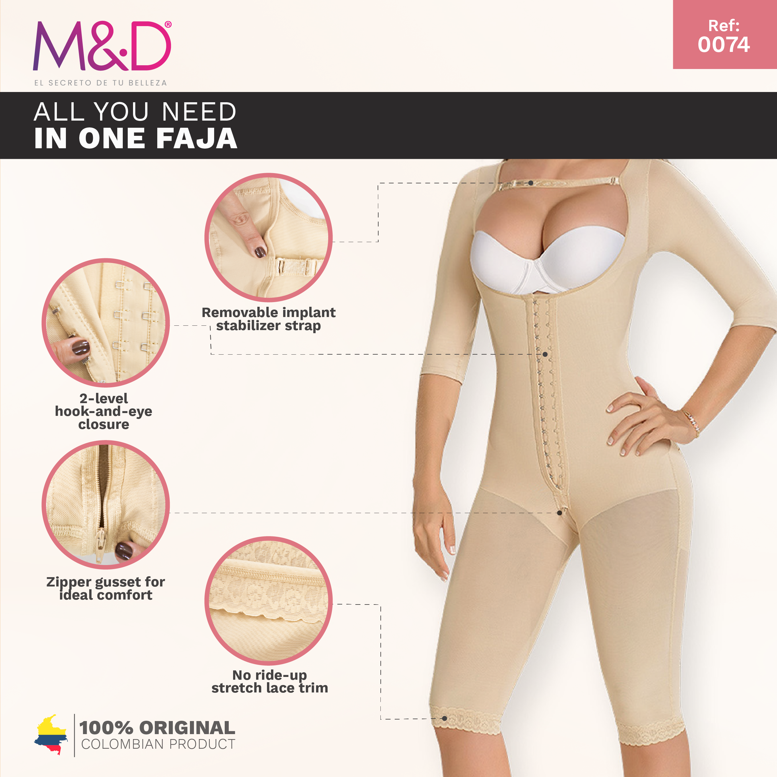M&D Shapewear: 0164 - Mid Thigh Long Sleeved Compression Body Shaper