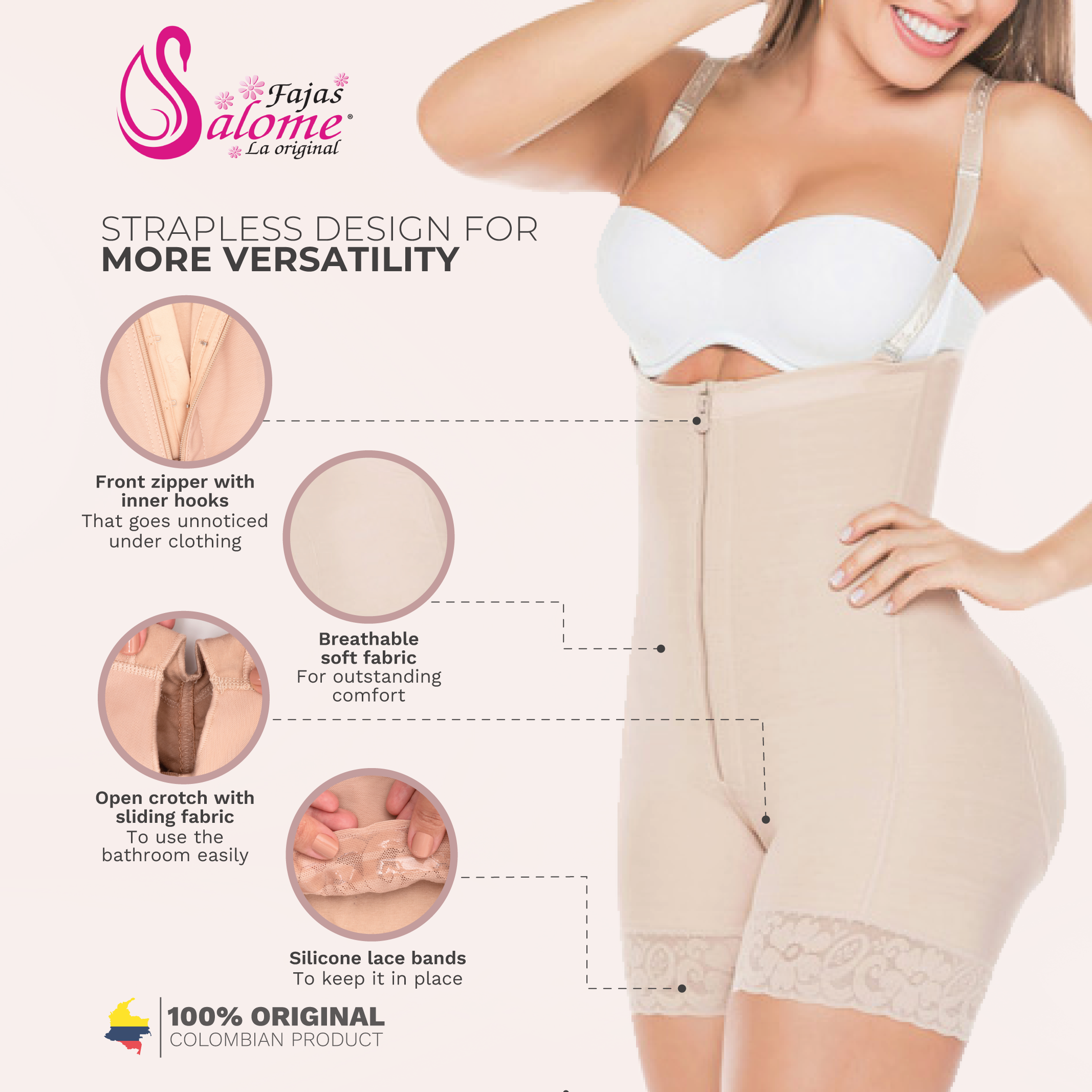 Fajas Salome Strapless Mid Thigh Body Shaper for Women