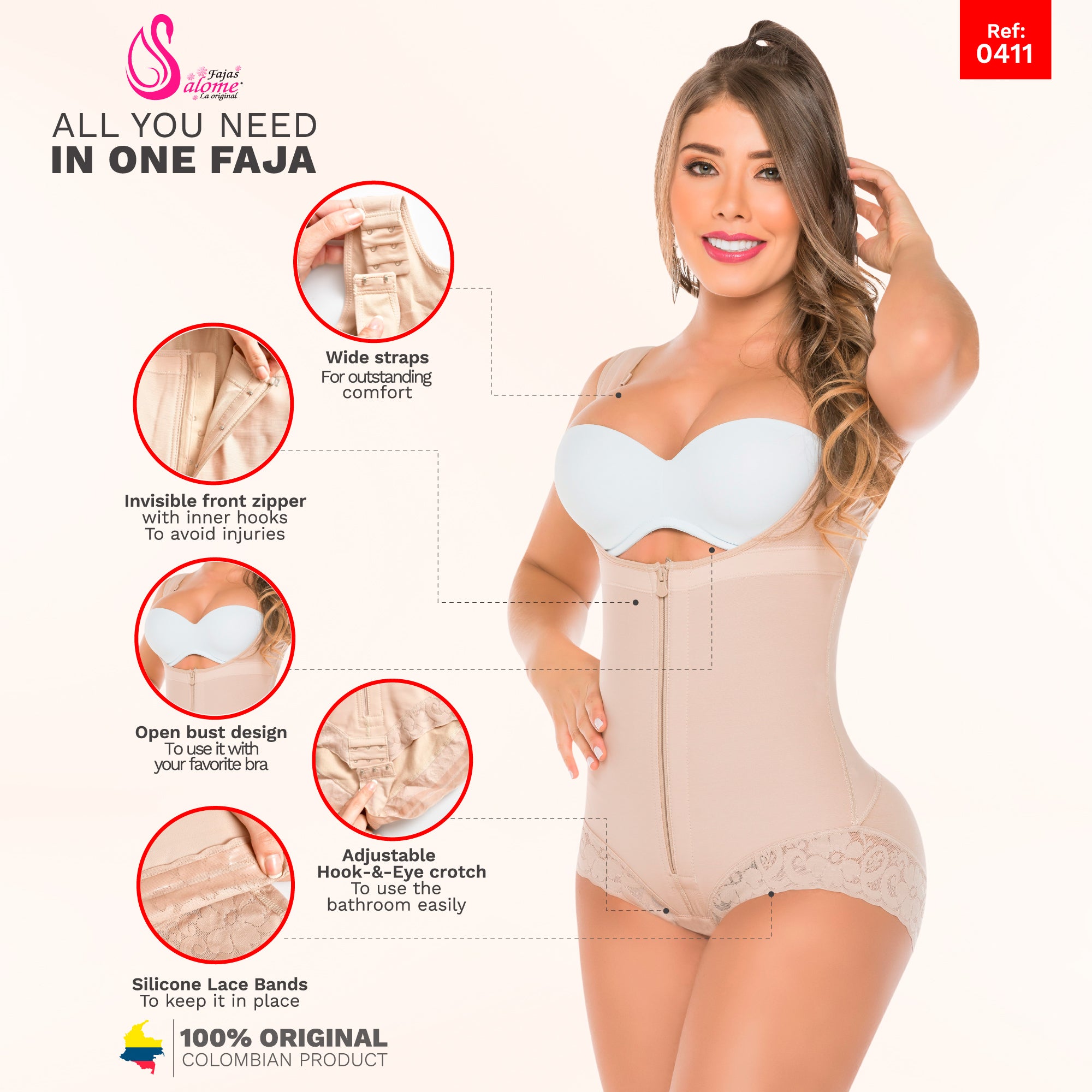 Salome 0520 Fajas Colombianas Post Surgery Girdle Waist Trimmer for Women  Beige 2XL