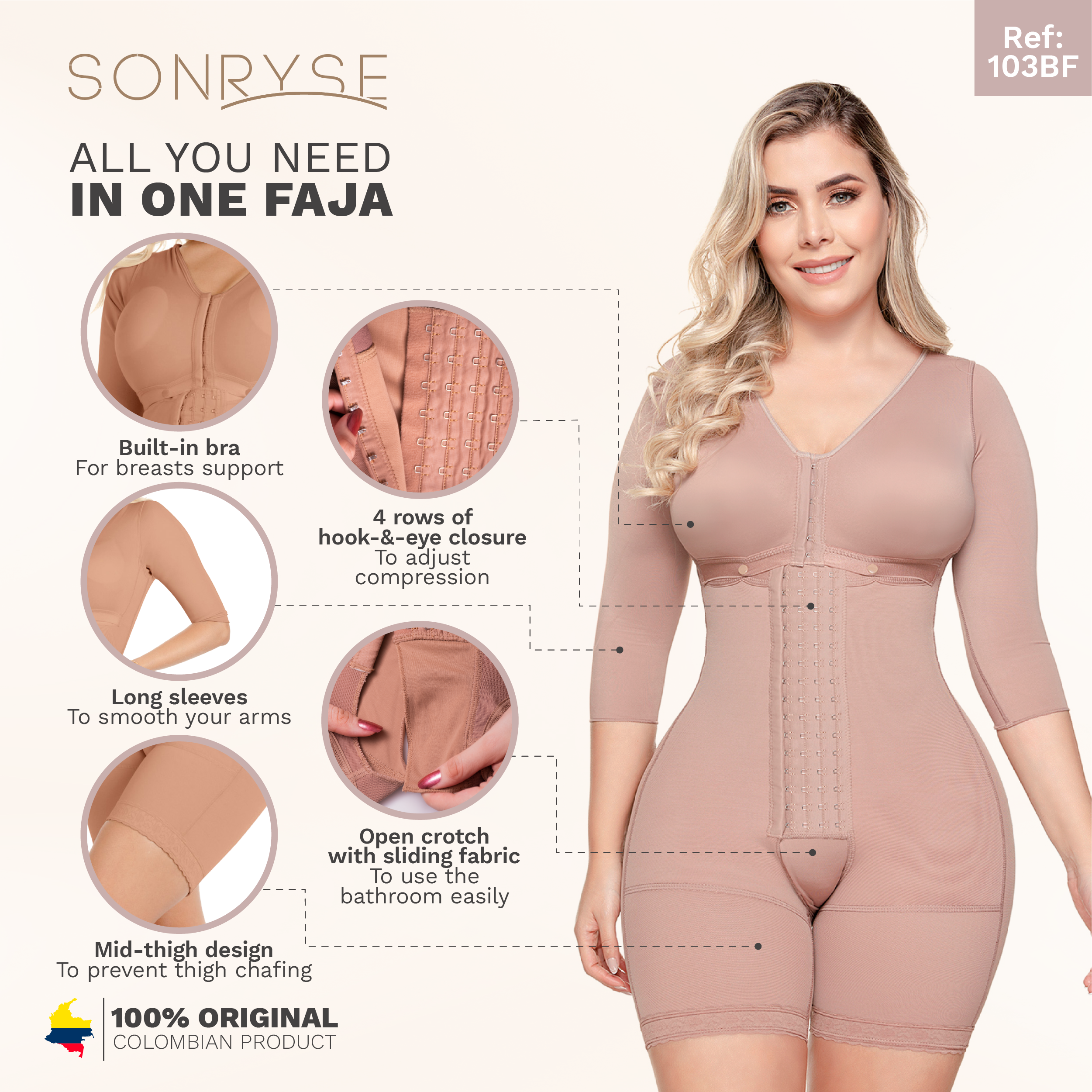 Women's Post Surgery Body Shaper Girdle Faja Colombiana Reductora Sonryse  086BF